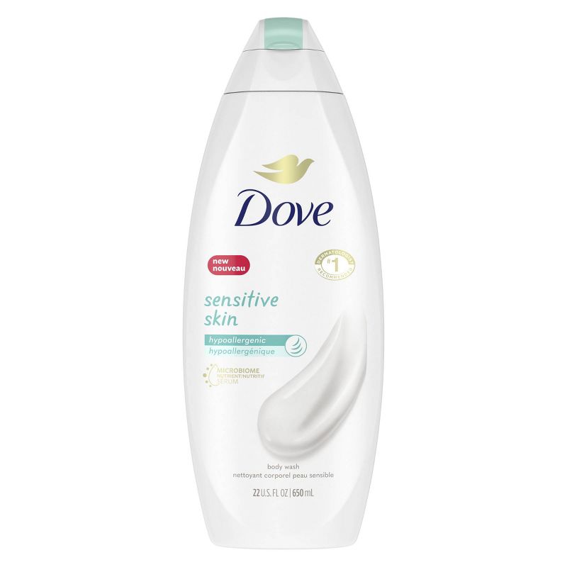 A white bottle of Dove body wash.