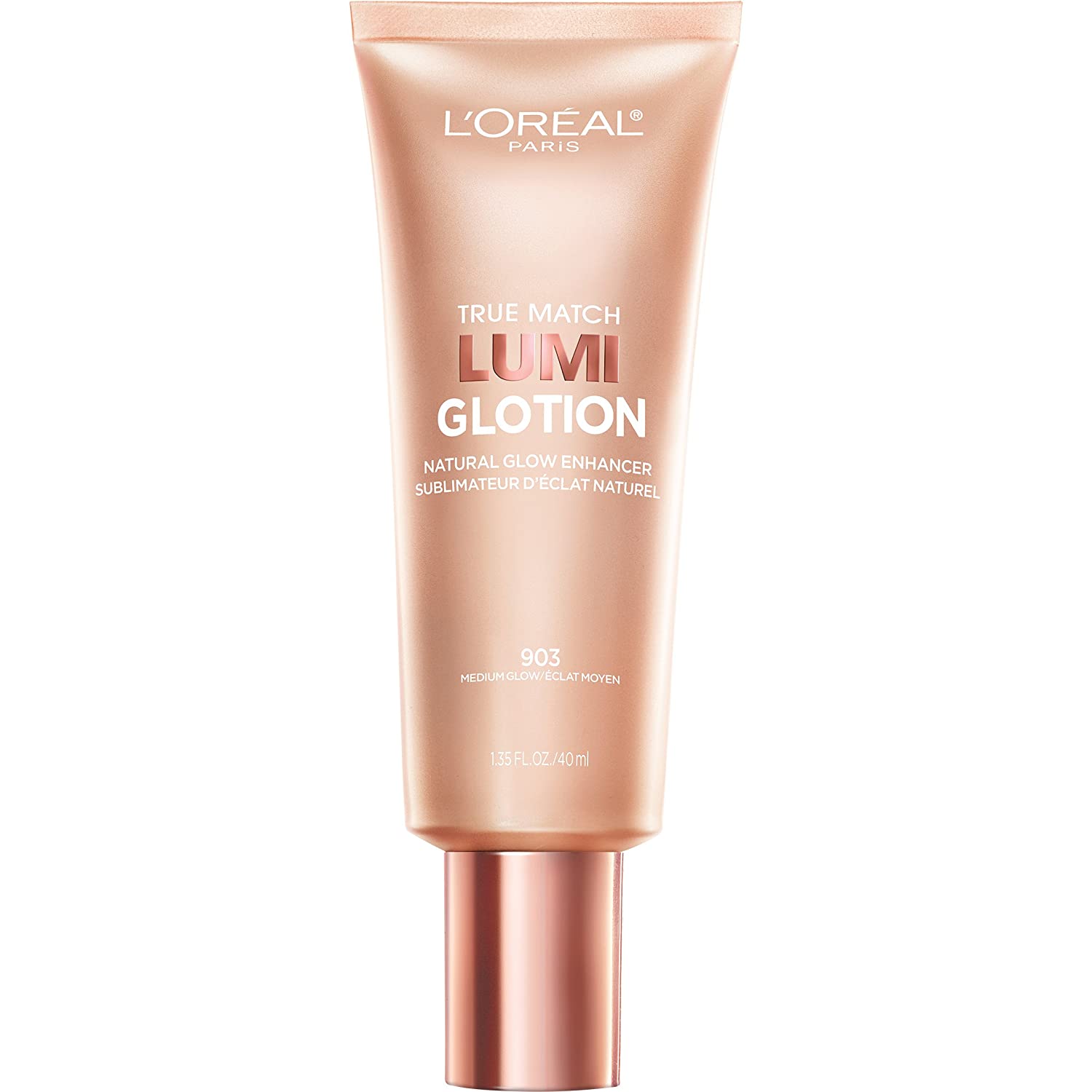 A bottle of L'Oreal Lumi Glotion foundation makeup.