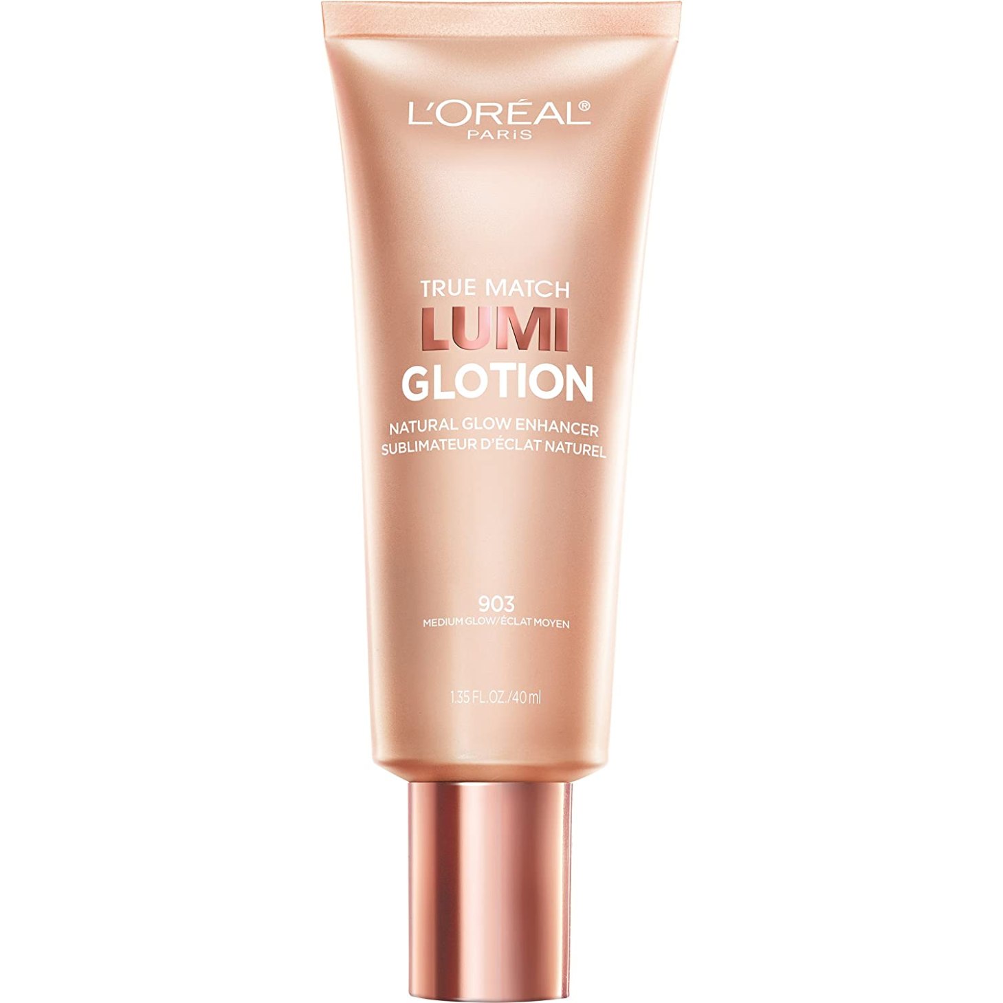 A bottle of L'Oreal Lumi Glotion foundation makeup.