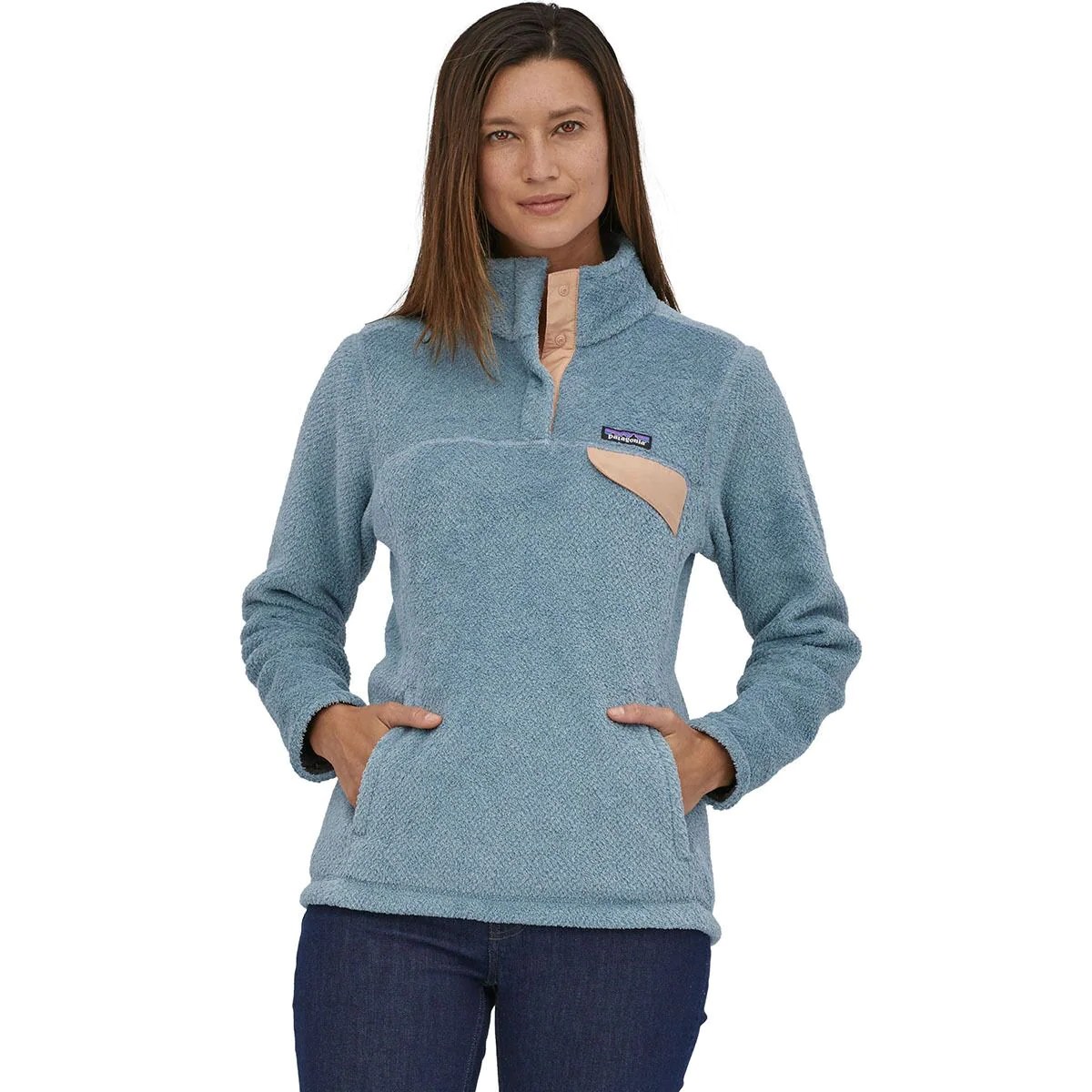 model wearing patagonia retool pull over fleece in blue which is now on sale at backcountry