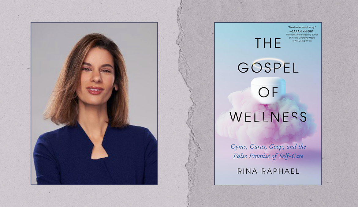 rina raphael headshot and book cover of her book the gospel of wellness