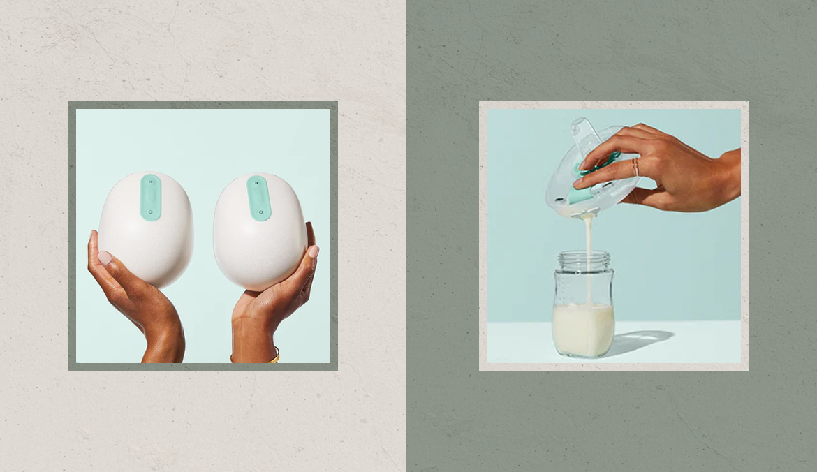 A picture of two hands holding a breast pump in each hand, next to a picture of pouring the milk into a bottle
