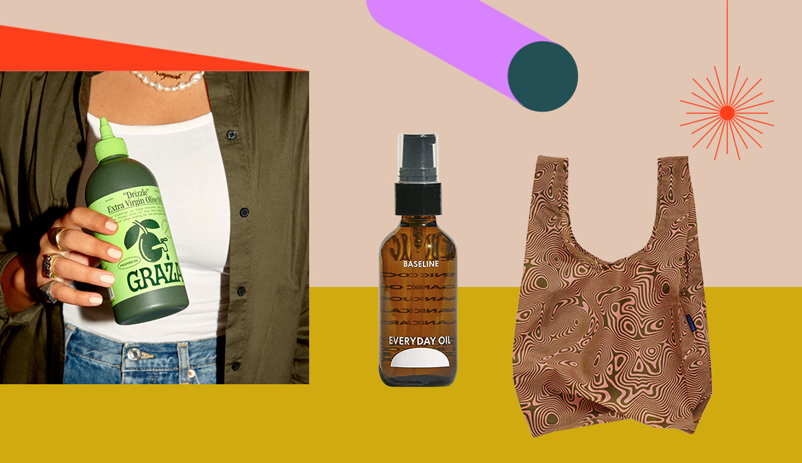 secret santa gift guide feature image of olive oil bottle and everyday oil on a colorful collage