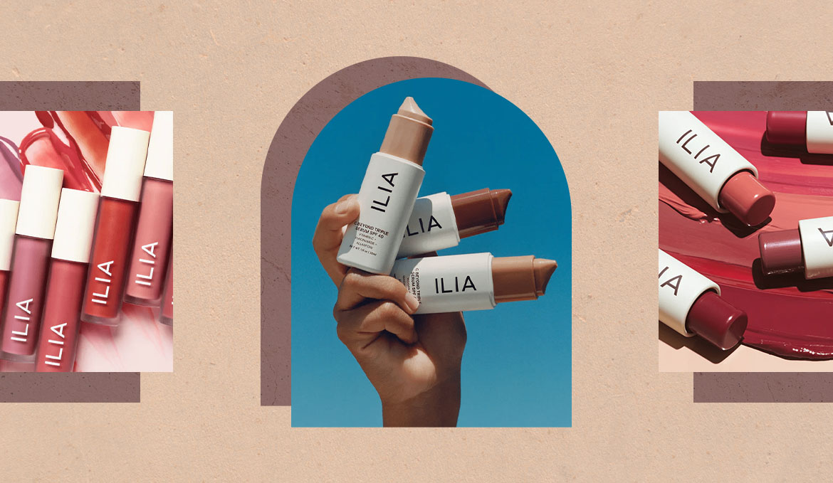 collage featuring ilia triple c serum, tinted lip balms, and gloss balms on a tan background for the ilia black friday sale