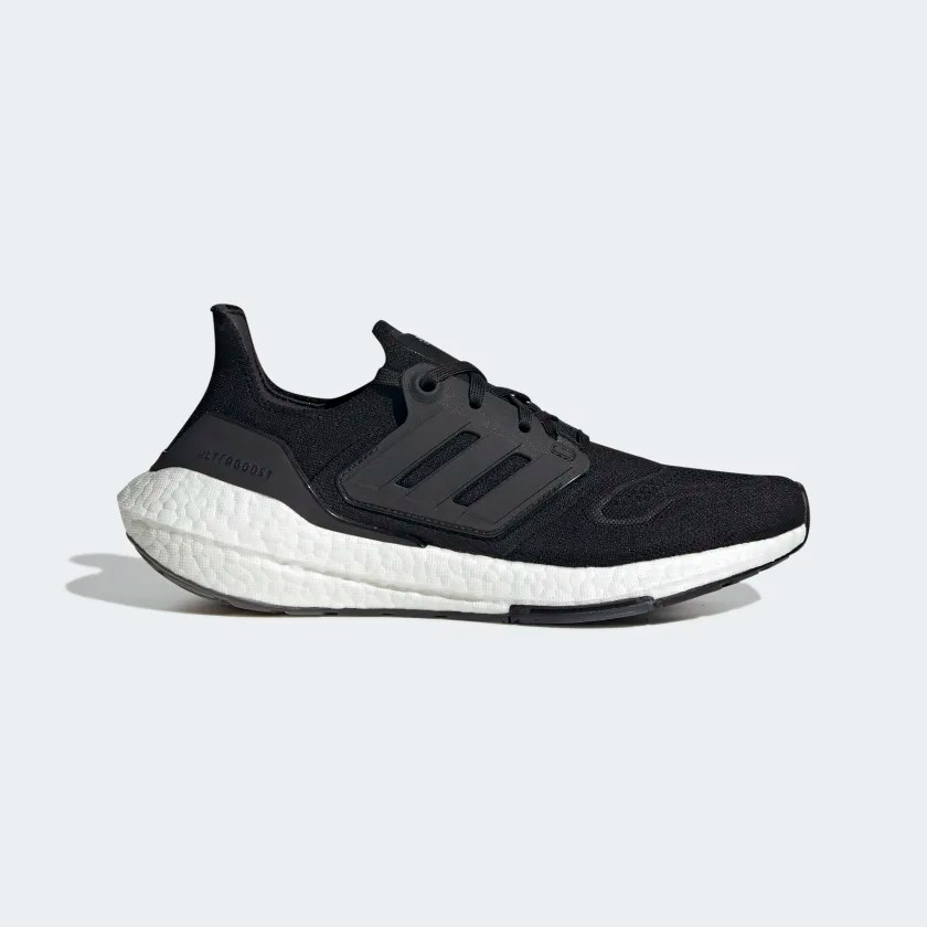 black adidas ultraboost running shoe on a light gray background