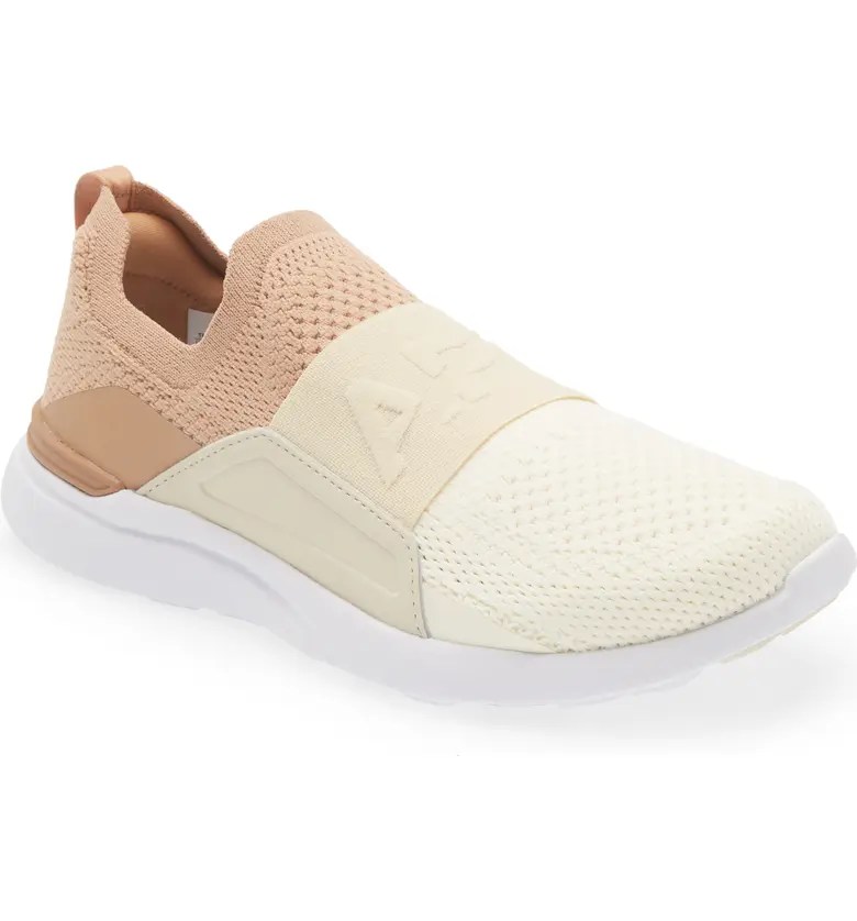 apl techloom bliss knit running shoe in beige on a white background from the nordstrom sneaker sale
