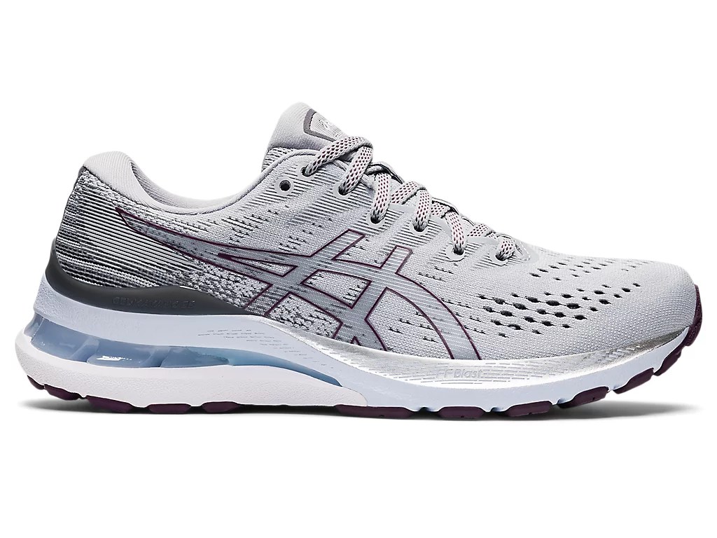 A gray Asics sneaker with purple and blue accents.