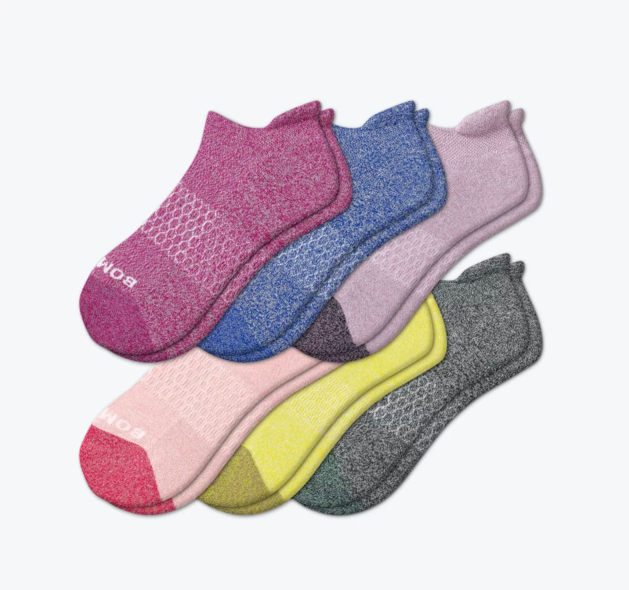 bombas socks 6 pack in purple, blue, lavender, pink, yellow and gray colors
