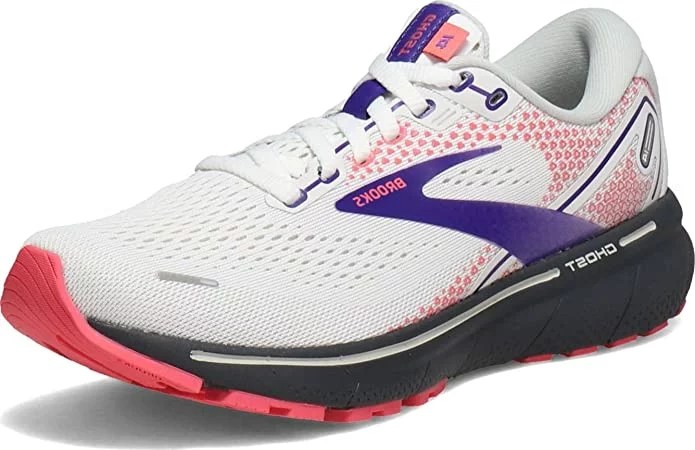 A white Brooks sneaker with a purple stripe and black sole