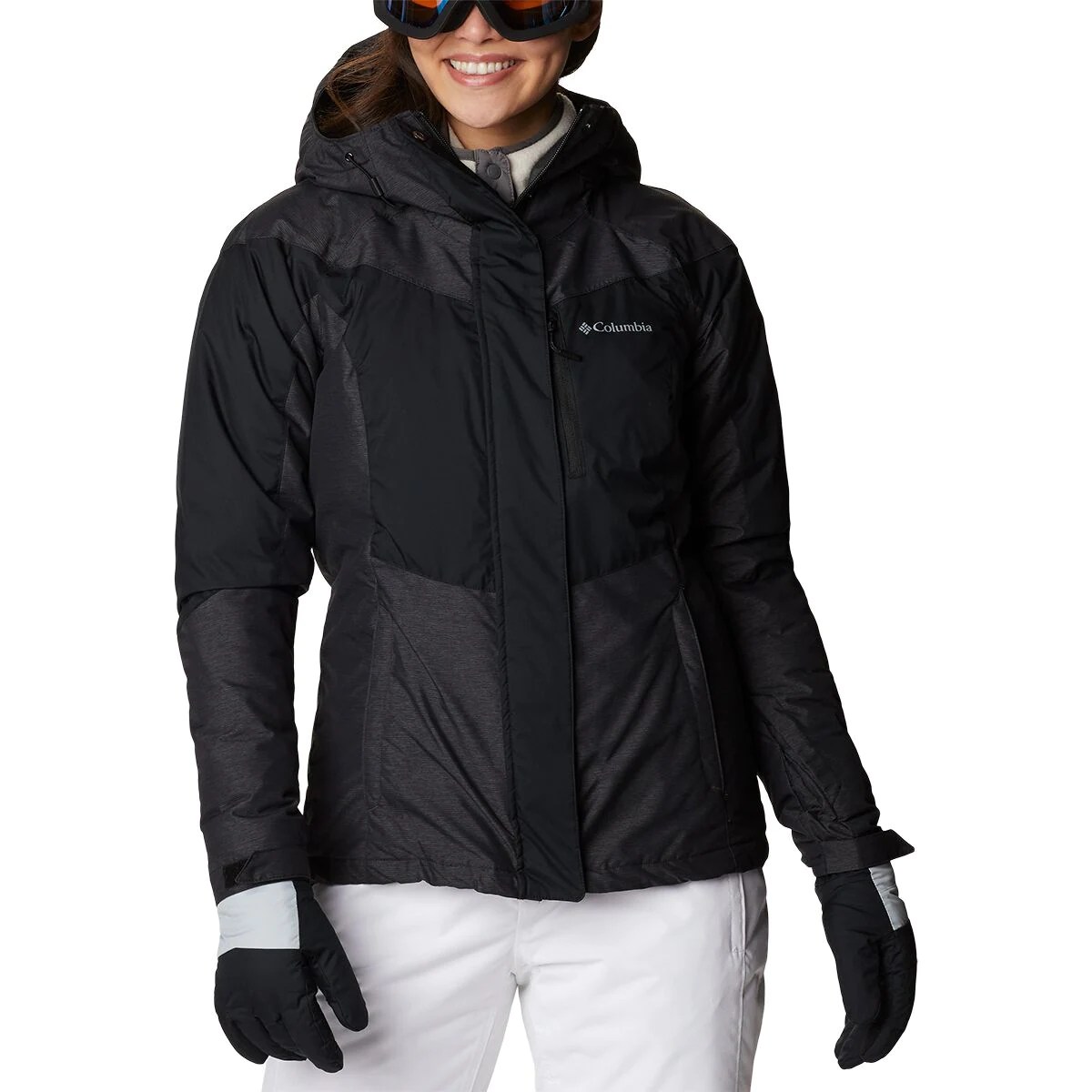 model wearing black rosie run winter jacket by columbia which is on sale at backcountry