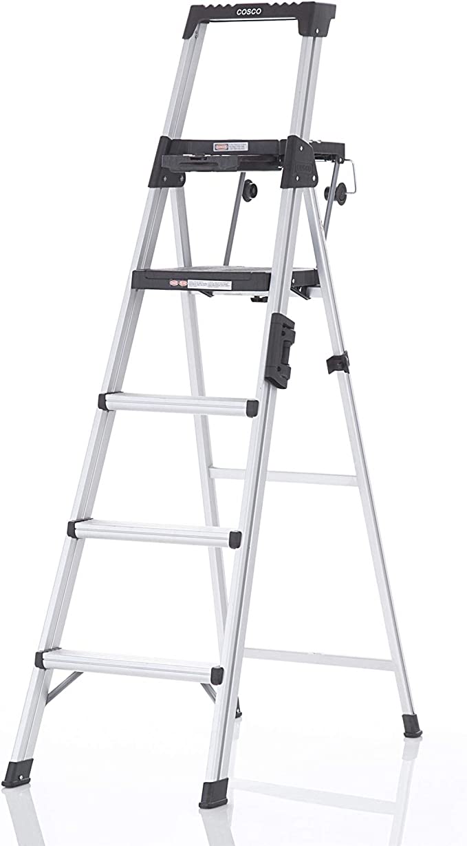 A four-level step ladder with a built-in tray for paint and other tools from Cosco