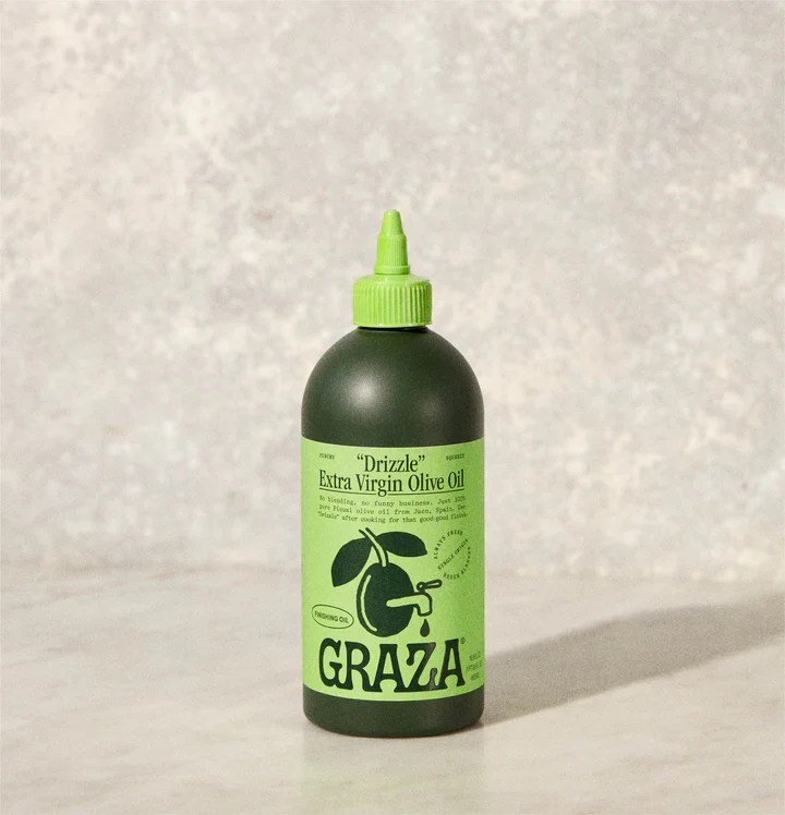 graza drizzle olive oil on a light grey background