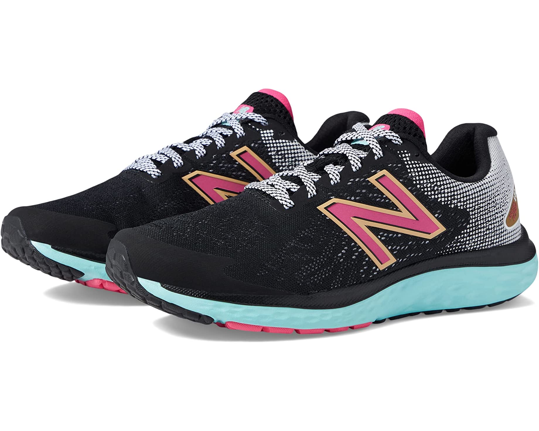 A pair of black New Balance sneakers with pink and teal accents.