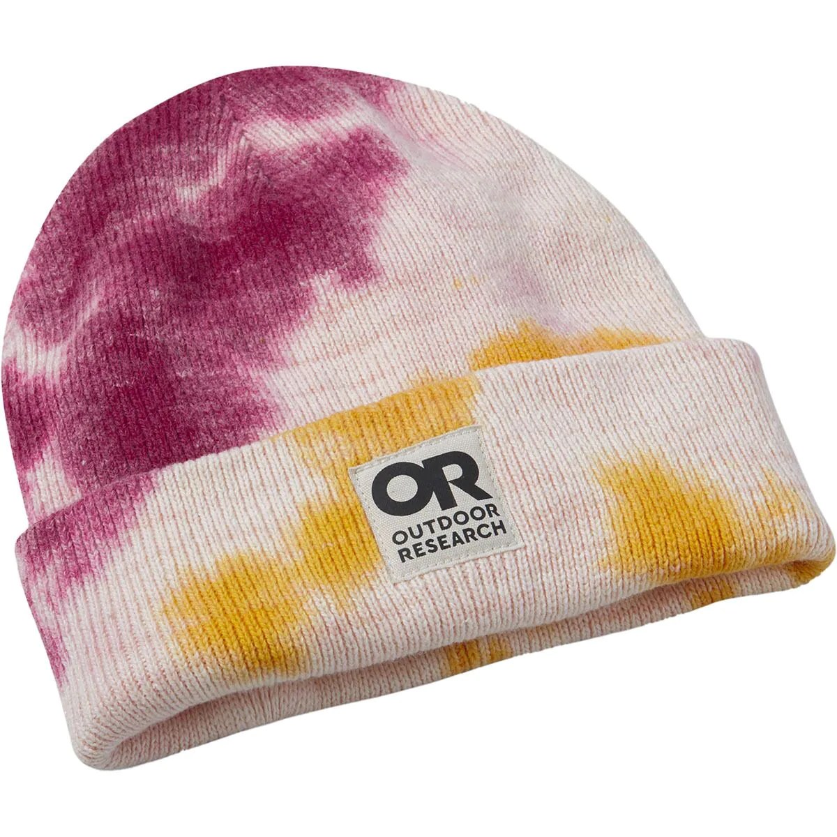 outdoor research tie dye beanie that's on sale at backcountry, on a white background