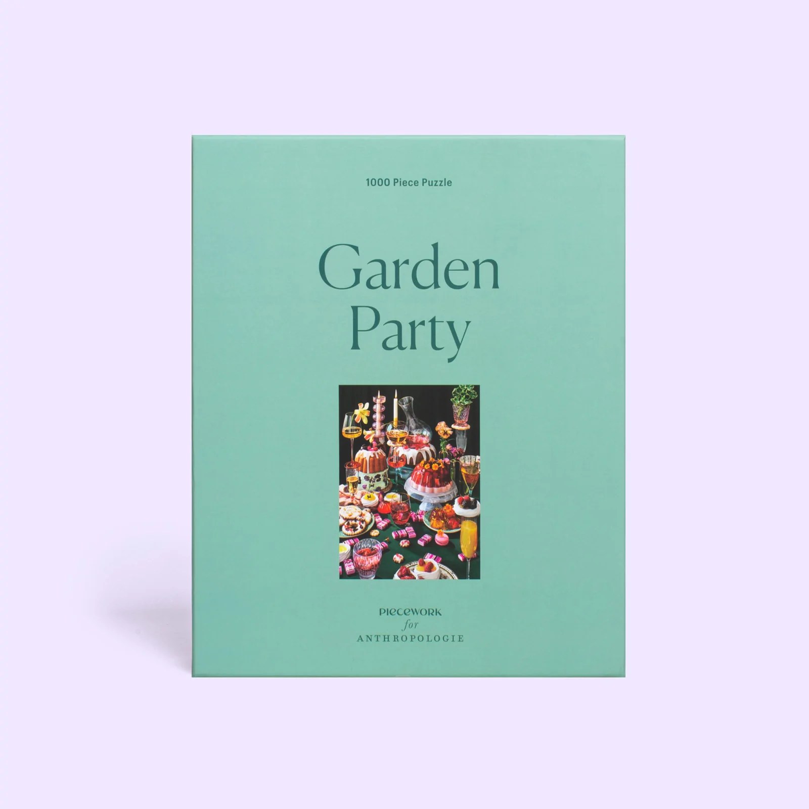 garden party puzzle in a green box on a lavender background