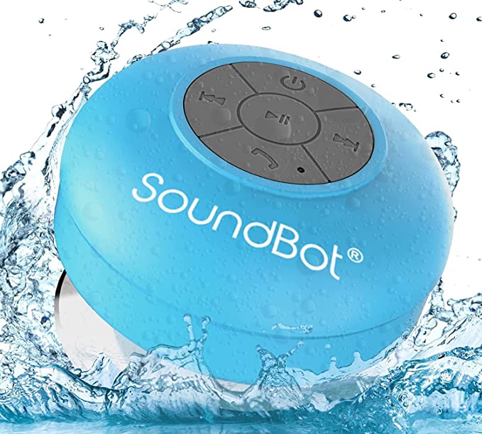 soundbot shower speaker in blue in a splash of water on a white background