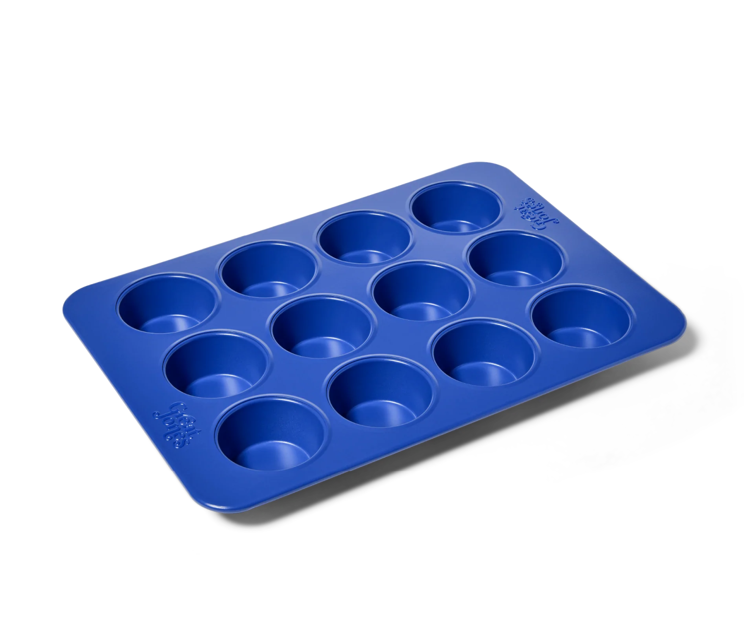 stud muffin muffin pan in blue on a white background