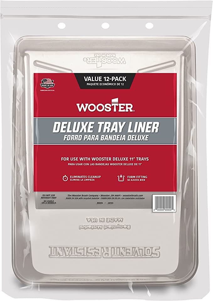 A 12-pack of plastic paint tray liners from Wooster Brush
