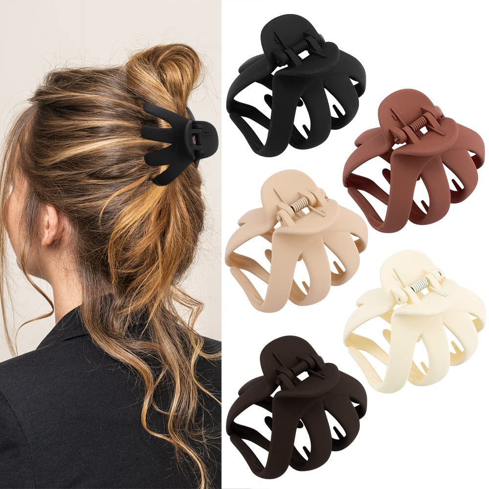 Left side is the back of woman's head with octopus hair clip, right side is five hair clips