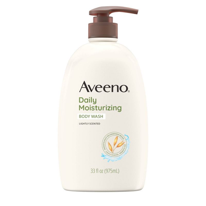 A beige bottle of body wash from Aveeno.