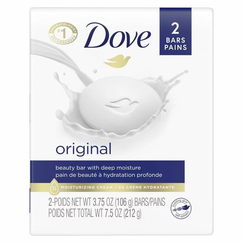 A white pack of two Dove beauty bars.