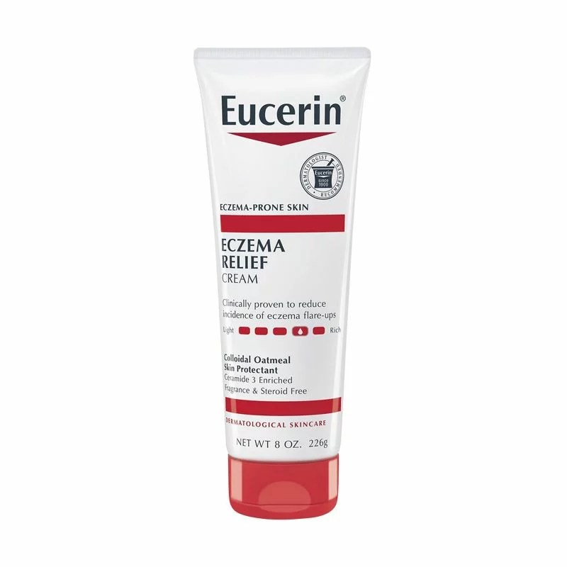 A white tube of lotion with a red lid from Eucerin.