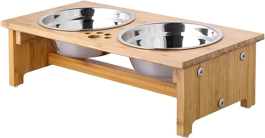 A bamboo elevated feeder with two stainless steel bowls from FOREYY