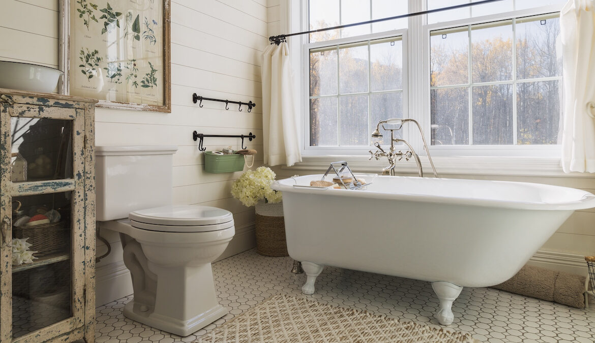 A clean, decorated bathroom with a toilet and clawfoot bathtub.
