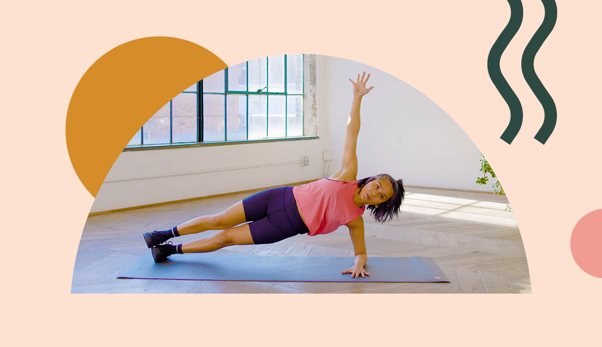 A woman doing a side plank as part of a lower back strength workout.