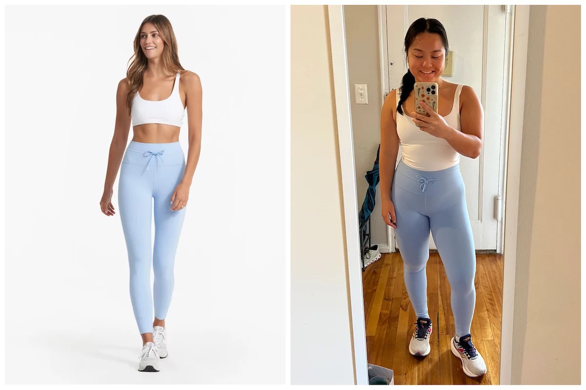 vuori daily legging on model left and author wearing daily legging on right
