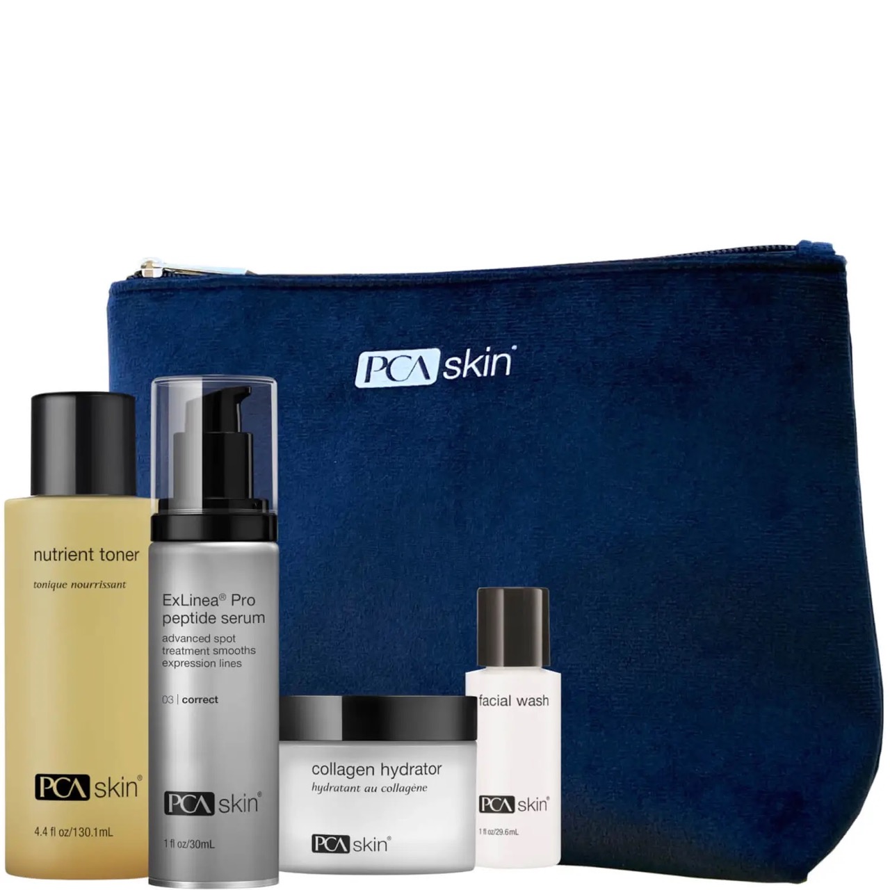 A Dermstore gift set in a blue pouch.