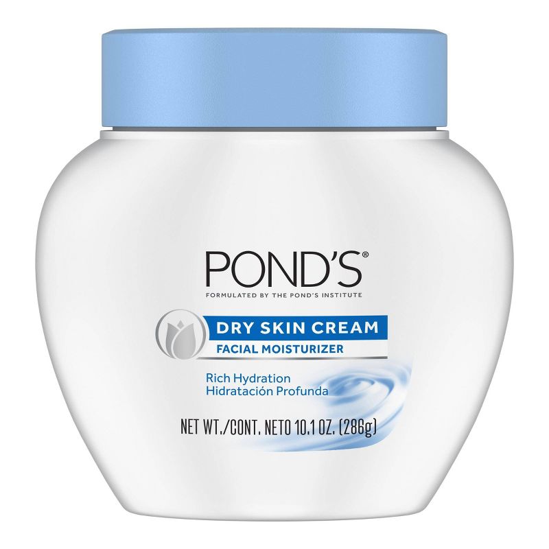Pond's moisturizing cream in white with blue lid.