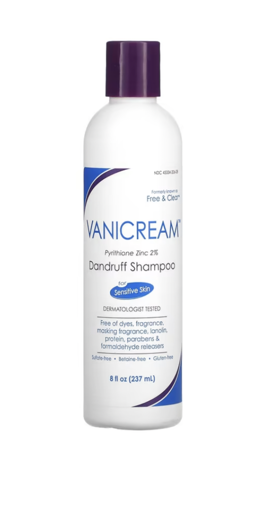 White bottle of Vanicream dandruff shampoo.