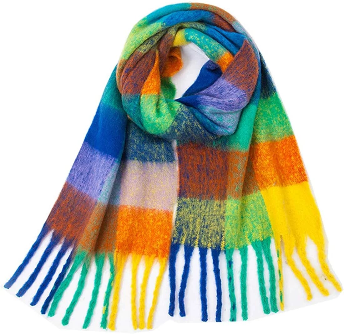 amazon scarf that is nearly identical to the colorful acne studios scarf on a white background