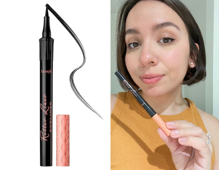 benefit roller liner image on one side and alexa wearing the liquid eyeliner on the other side