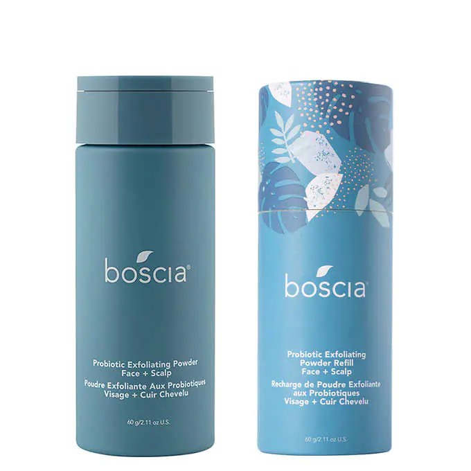 boscia powdered exfoliator and a bottle of the refill product on a white background