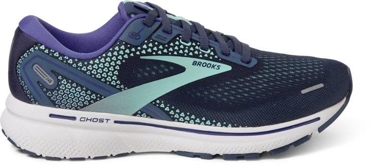 The side view of a pair of dark blue and teal running shoes from Brooks.