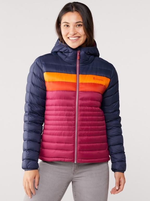 hooded puffer fish cotopaxi fuego navy blue, pink and yellow