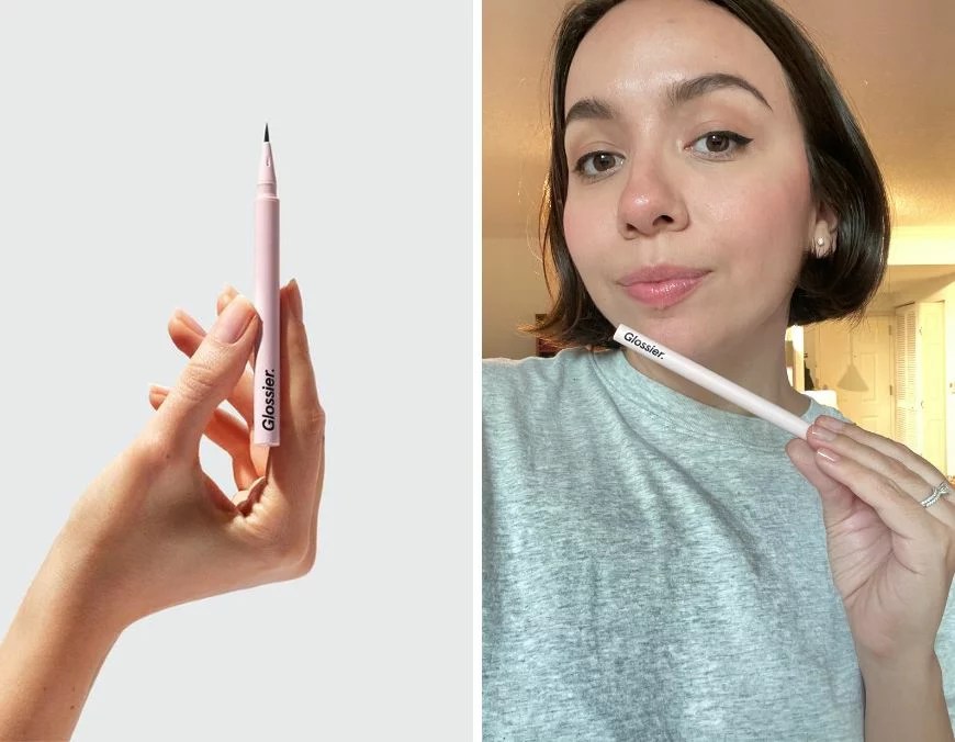 glossier pro tip liner on one side and an image of alexa wearing the eyeliner on the other
