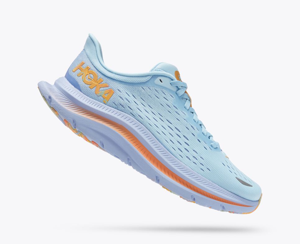 Side view of the blue Hoka running shoe with rainbow sherbert sole.