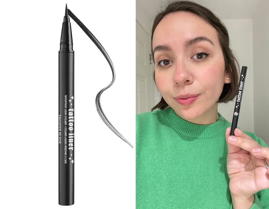 kvd beauty tattoo liner on one side and alexa wearing the eyeliner on the other side