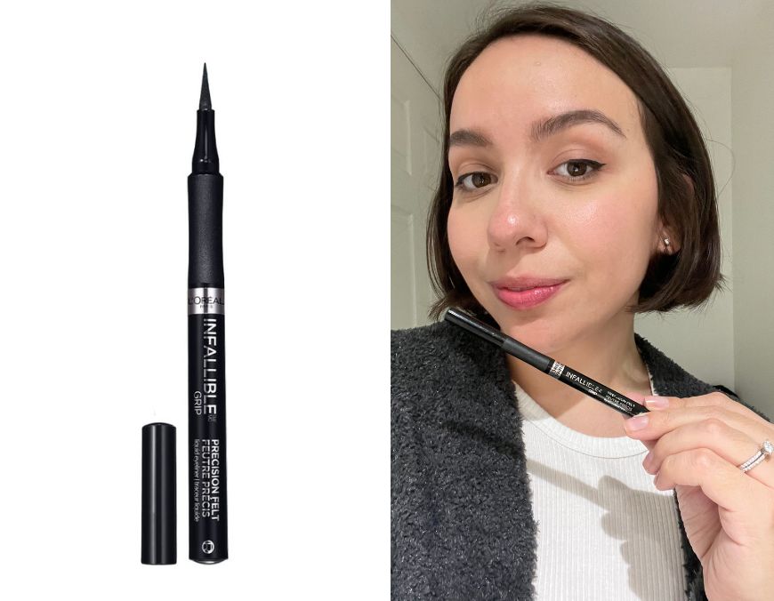 l'oreal infallible grip precision felt tip liquid liner on one side and an image of alexa wearing it on the other side