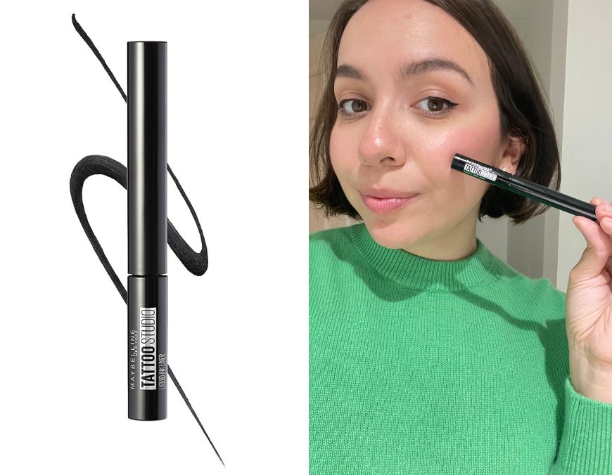 maybelline tattoo studio liquid liner on one side and a photo of alexa wearing the eyeliner on the other