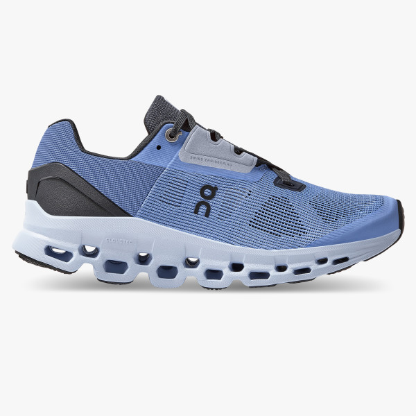 A side image of blue running shoes from On.
