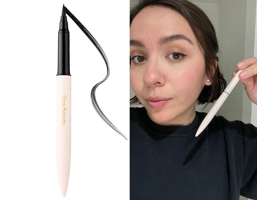rare beauty liquid eyeliner on one side and a photo of alexa wearing the liner on the other