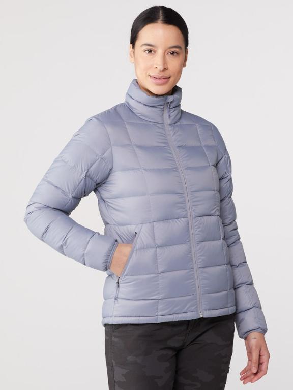 rei co-op down jacket in a periwinkle blue color