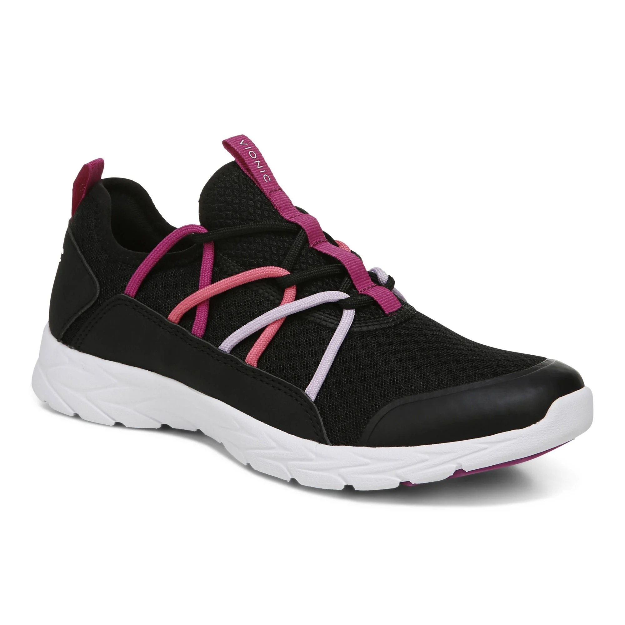 a black sneaker with elastic laces in pink and white from Vionic