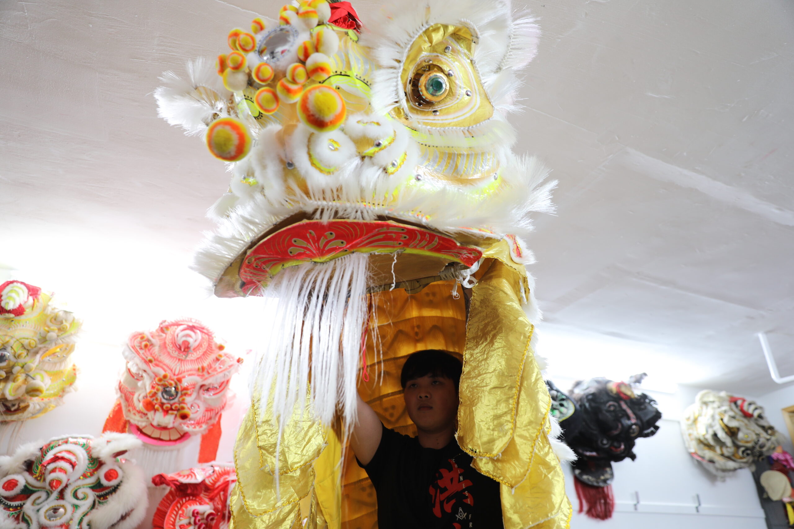 Xing Long Lin håller lejonhuvud
