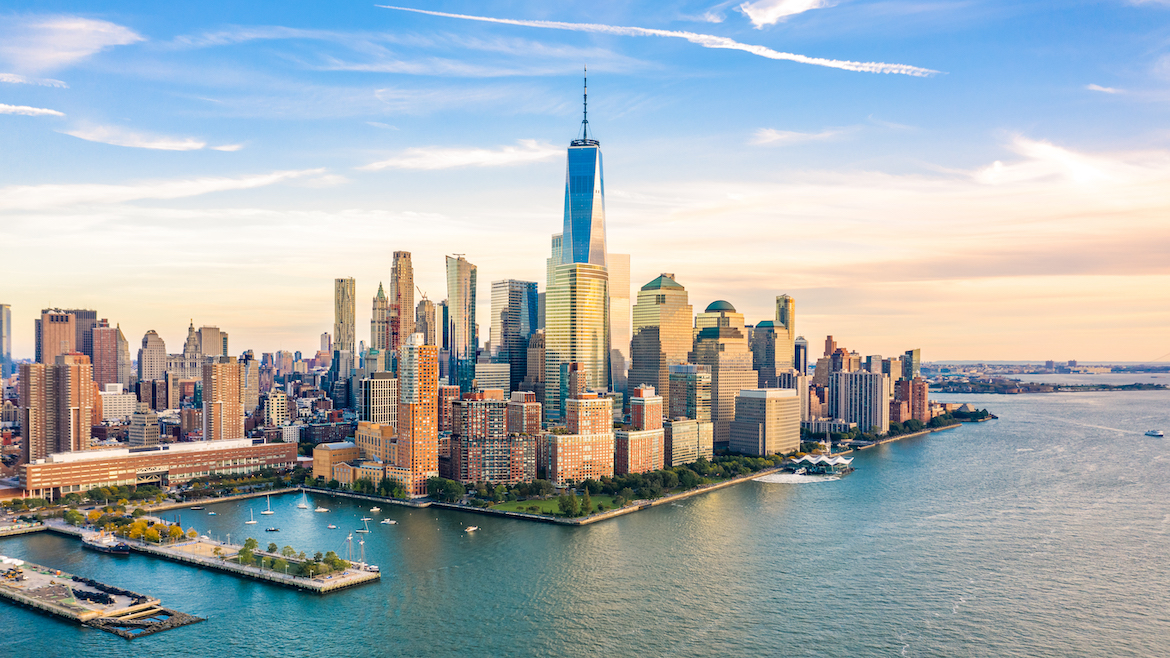 Aerial photo of Manhattan, New York City skyline.