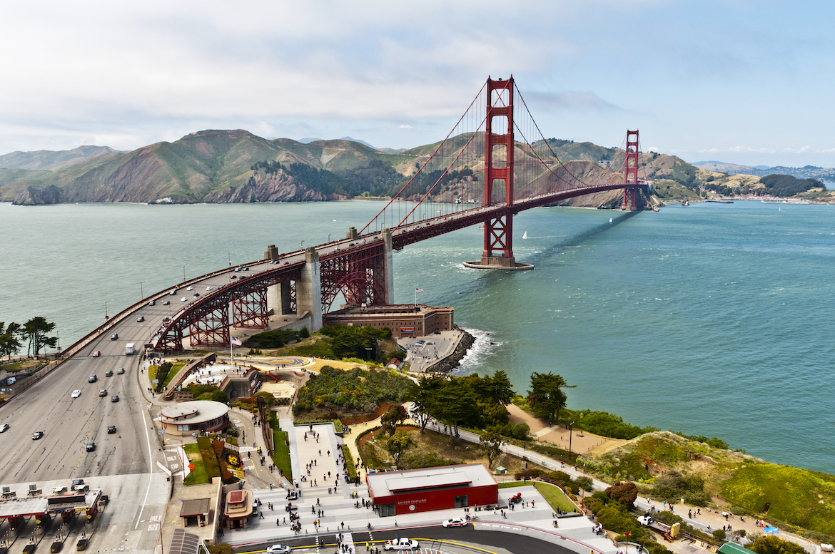 Aerial photograph of the Golden Gate Bridge in San Francisco.